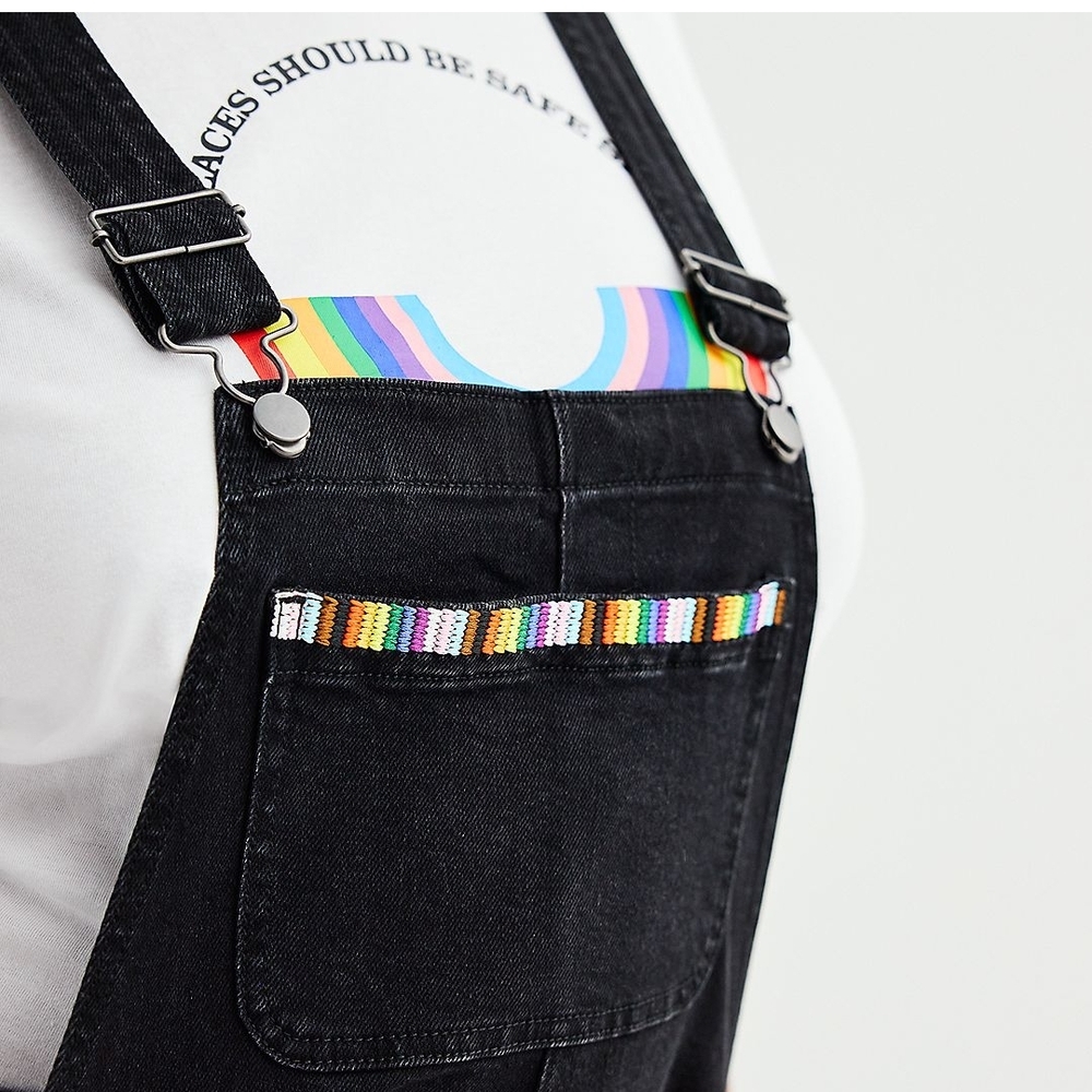 Black Denim Overalls with Rainbow Stripes unisex medium - Picture 4 of 6